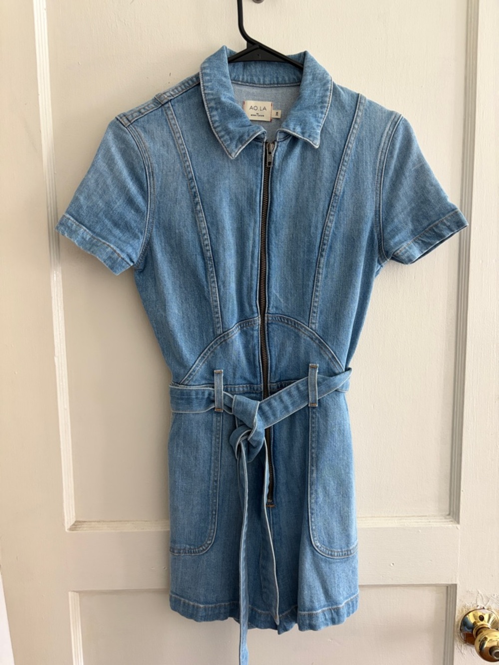 Alice + Olivia Light Blue Denim Short-Sleeve Zip Romper with Self-Tie Belt